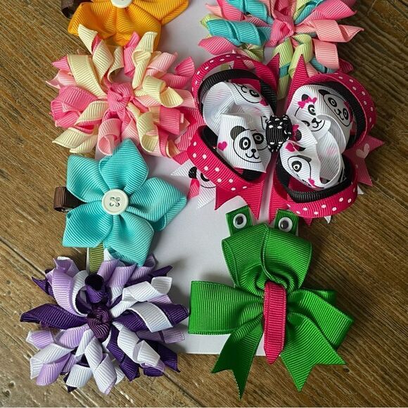 Handcrafted Grosgrain Ribbon No-Slip Grippy Hair Bows Bundle Set of 9 NEW - Picture 3 of 6